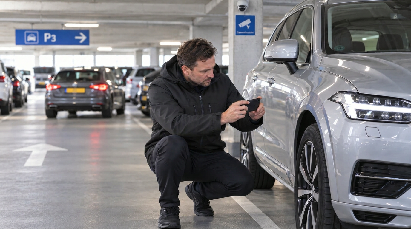 Un employé documente l'état d'une voiture dans le parking